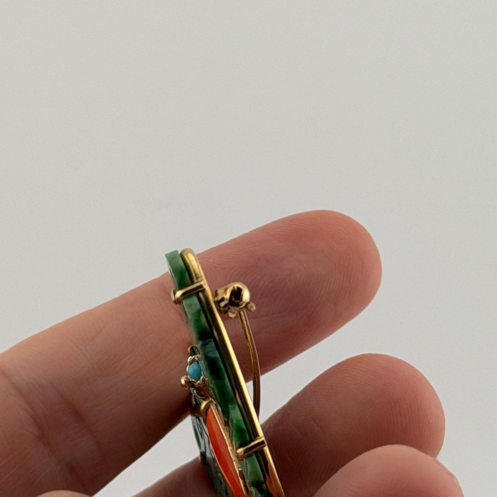 Vintage 18K Gold Moth Butterfly Brooch Carved Green Jade Coral Stone Turquoise - Picture 14 of 14
